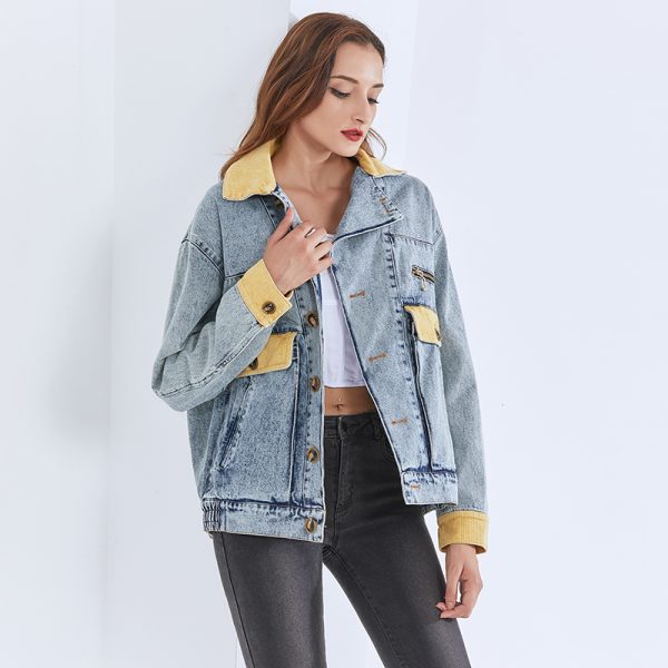 Denim Jacket For Women Lapel Long Sleeve Patchwork Hit Color Casual Vintage