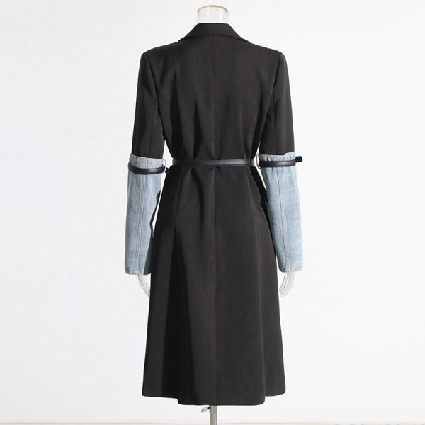 New Style Colorblock Denim Trench Coat Spliced Button Belt Jacket For Women