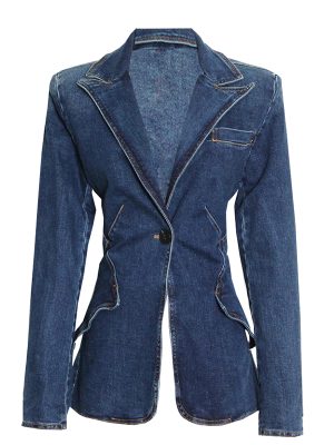 Lapel Collar Long Sleeve Patchwork Pockets High Waist New Style Women Denim Jean Jacket