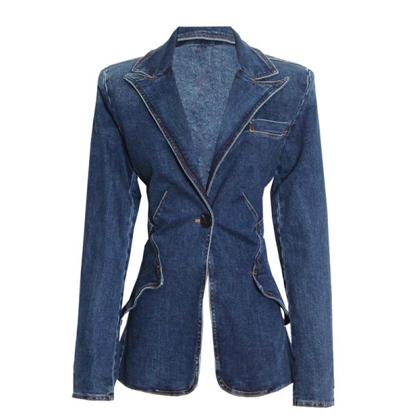 Lapel Collar Long Sleeve Patchwork Pockets High Waist New Style Women Denim Jean Jacket