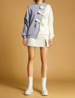 2024 Popular Oversized Sweater Long Sleeve Light  Blue Contrasting Color Patch Bowknot Sweatshirt patchwork sweatshirt