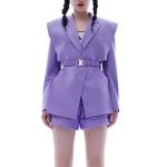 Notched Collar Long Sleeve Patchwork Belt Blazers Ladies Formal Coat For Woman