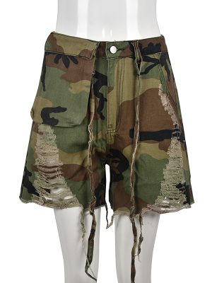 Personality Tassel High Waist Camouflage Shorts Women Pants Trousers