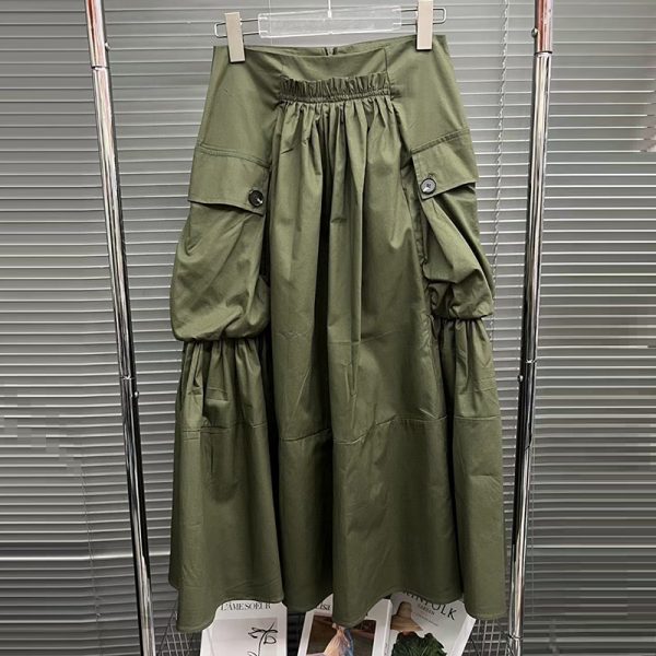 Army Green Solid Color A Line 2024 Ladies Midi Cargo Skirt With Pockets