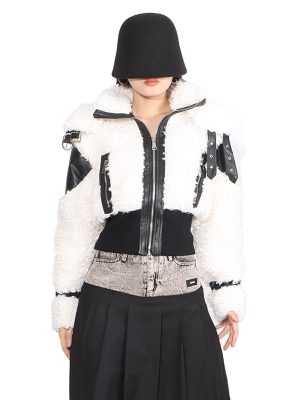 Pu Leather Lamb's Wool Jacket Short Belt Buckles patchwork Zippers For Women