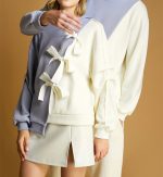 2024 Popular Oversized Sweater Long Sleeve Light  Blue Contrasting Color Patch Bowknot Sweatshirt patchwork sweatshirt