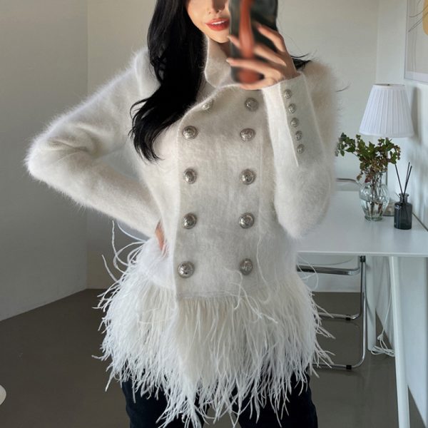 High Waist Patchwork Feathers Hem Solid Color Woman Coats And Jackets