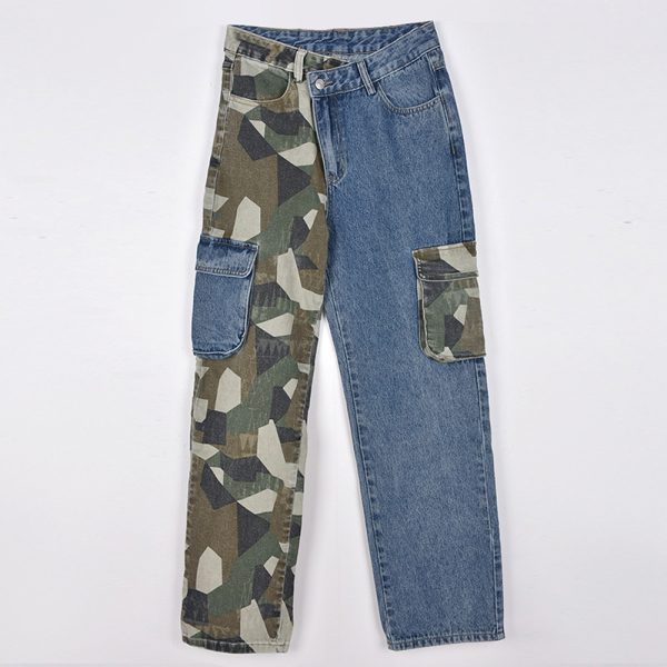 Splicing Camouflage Hit Color Wide Leg High Waist Patchwork Women Pants Trousers