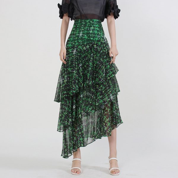 Summer New Style Green Chiffon Material A Line Floral Long Skirts For Women Elegant