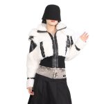 Pu Leather Lamb's Wool Jacket Short Belt Buckles patchwork Zippers For Women