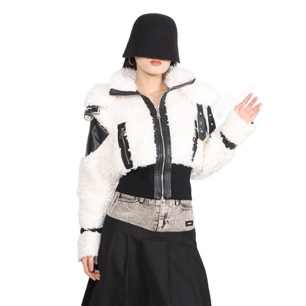 Pu Leather Lamb's Wool Jacket Short Belt Buckles patchwork Zippers For Women