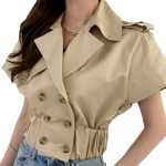 High Quality Patchwork Double Breasted Gathered Waist Short Jackets For Women 2024