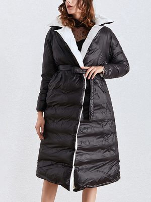 Autumn Winter Jackets Black And White Splicing Gather Waist New Style Women Puffer Jacket