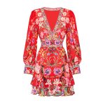 Fashion Deep V Neck Lantern Sleeve High Waist Women Summer Printed Dresses 2024