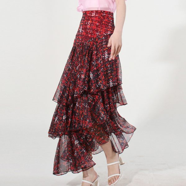 Summer New Style Green Chiffon Material A Line Floral Long Skirts For Women Elegant