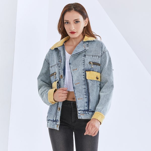 Denim Jacket For Women Lapel Long Sleeve Patchwork Hit Color Casual Vintage