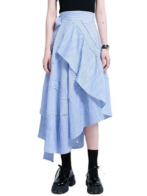 Elegant Striped Asymmteircal High Waist Lace Up Ruffles Pleated Irregular Skirt women