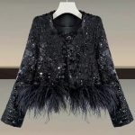 Spring And Autumn Style Black Feathers Sequins Women's Jackets Coats For Women