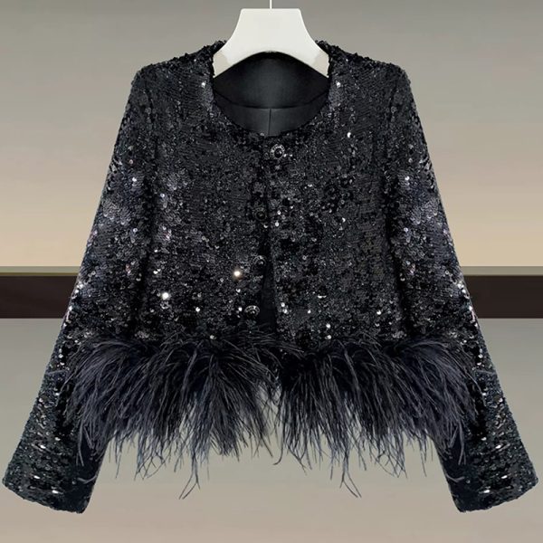 Spring And Autumn Style Black Feathers Sequins Women's Jackets Coats For Women