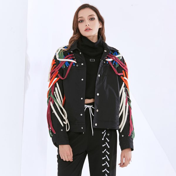 Patchwork Bandage Jacket Casual Lapel Collar Long Sleeve Colorblock Jacket Women