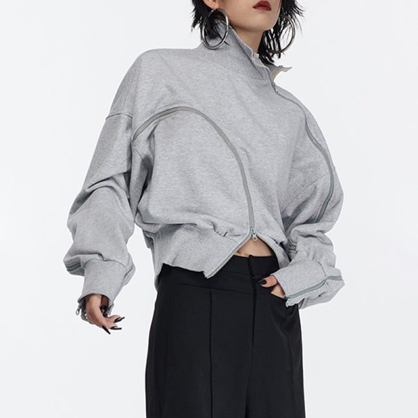 New Sweatshirts Irregular Design Off Shoulder Spliced Zippers Sweatshirt For Women