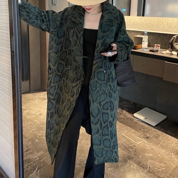 Medium And Long-Term Style Green Leopard Print Loose Windbreaker Jackets For Woman 2024