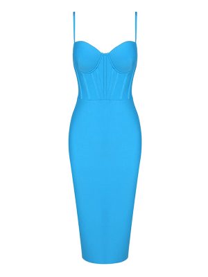 New Style Blue Square Collar Sleeveless High Waist Summer Long Dresses Women 2024