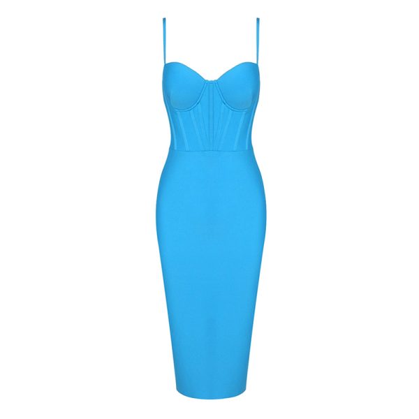 New Style Blue Square Collar Sleeveless High Waist Summer Long Dresses Women 2024