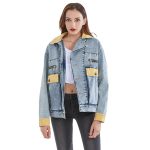 Denim Jacket For Women Lapel Long Sleeve Patchwork Hit Color Casual Vintage