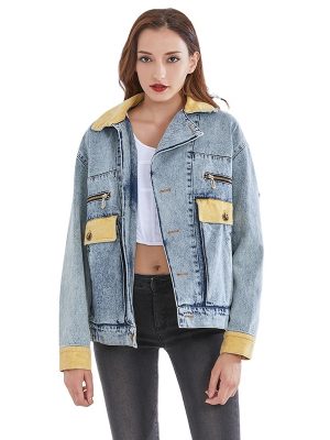 Denim Jacket For Women Lapel Long Sleeve Patchwork Hit Color Casual Vintage