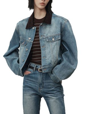 Vintage Denim Jacket Lapel Collar Spliced Single Breasted Pockets Jackets For Women