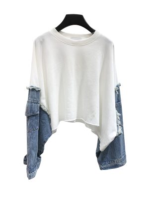 Round Collar Long Sleeve Denim Pullovers Streetwear Sweatshirt Female 2024