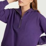 Premium Organic Zip Neckline Dropped Shoulders Side Pockets Relaxed Fit Dark Plum Sweatshirt