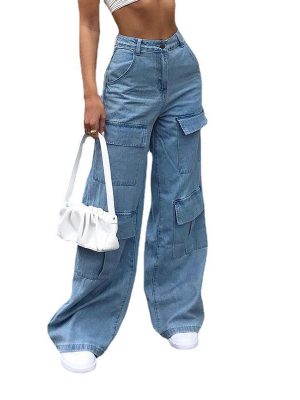 High Waist Cotton Material Loose Light Blue Denim Jeans Pants For Women