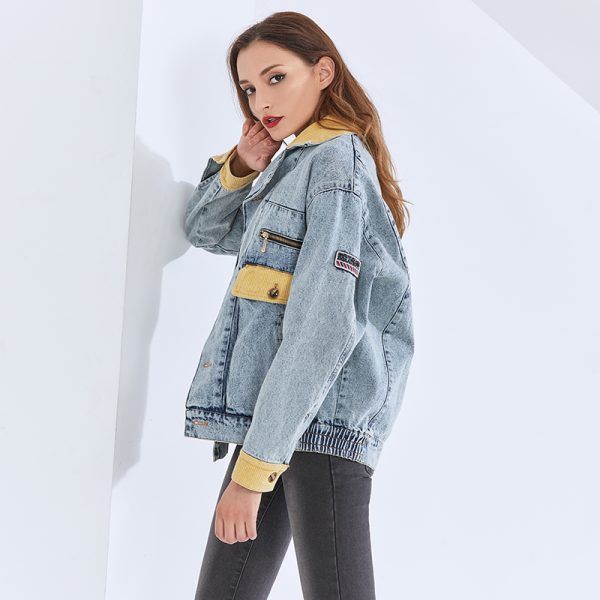 Denim Jacket For Women Lapel Long Sleeve Patchwork Hit Color Casual Vintage