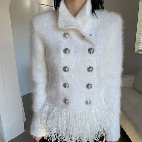 High Waist Patchwork Feathers Hem Solid Color Woman Coats And Jackets