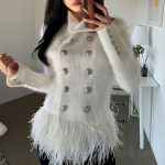 High Waist Patchwork Feathers Hem Solid Color Woman Coats And Jackets