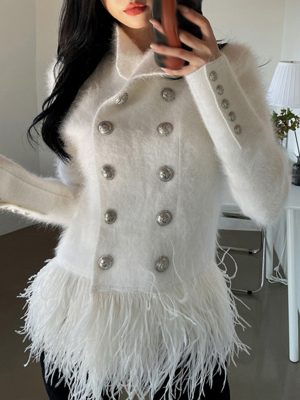 High Waist Patchwork Feathers Hem Solid Color Woman Coats And Jackets