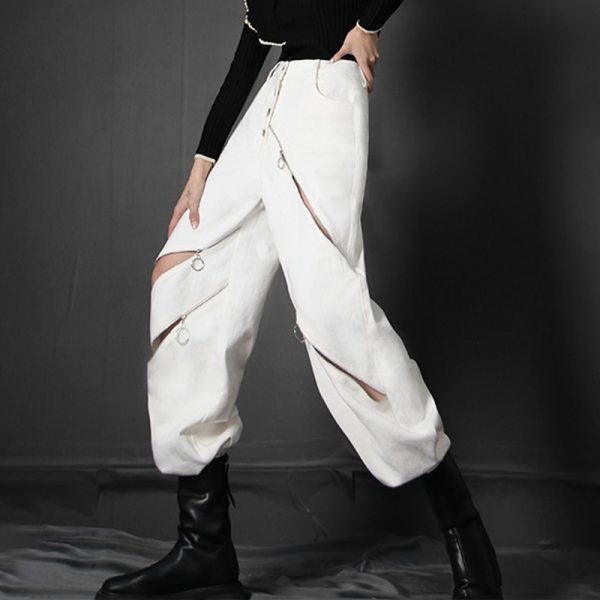 High Waist Straight Wide Leg Hollow Out Patchwork Zipper Ladies Women Pants Trousers