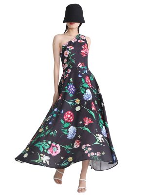 Diagonal Collar Sleeveless High Waist Hit Color Print Summer 2024 Long Women Dress