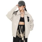 Fold Design Embroidery Turn Down Collar Leather Jackets Women Ladies Coats