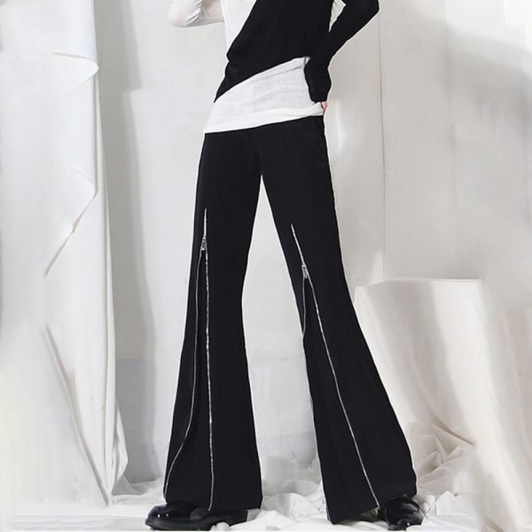 Fashion High Waist Patchwork Button Flare Pant Black Women Pants Trousers