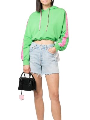 Cropped Hoodie Bright Green Light Pink Drawstring Cotton Cropped  Elasticated Hem  Hoodie