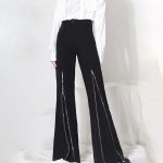 Fashion High Waist Patchwork Button Flare Pant Black Women Pants Trousers