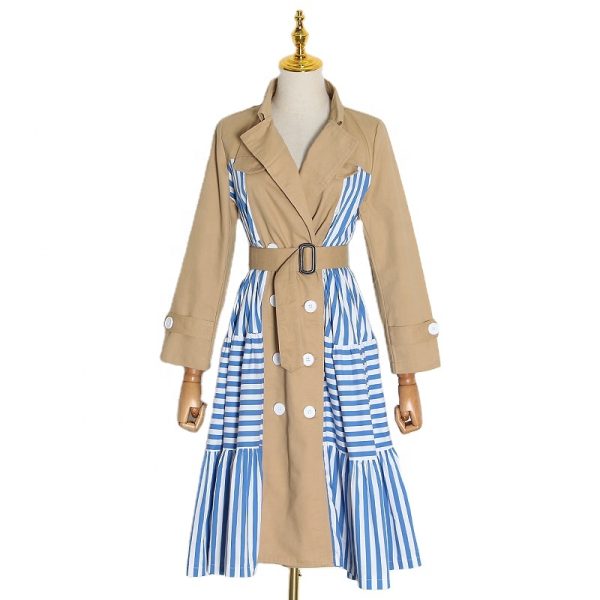 Lapel Collar Long Sleeve Striped Split High Waist Windbreaker Coats Jackets For Women 2024