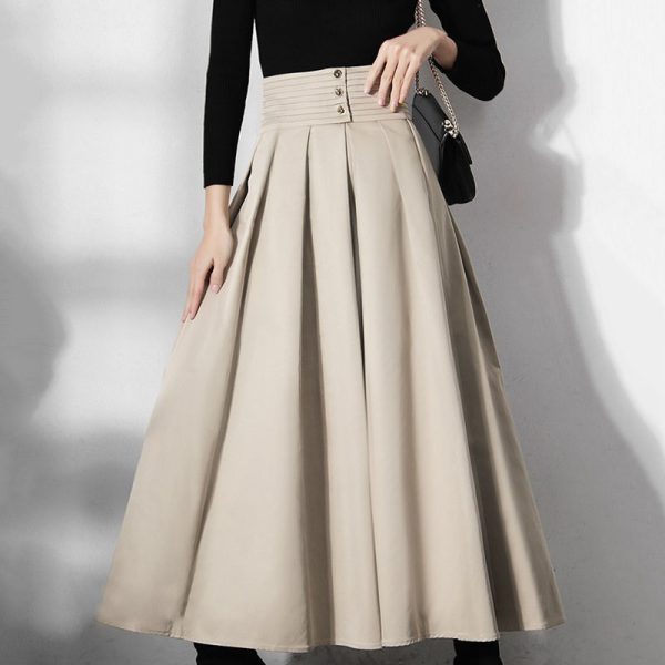 Spring Summer New Style A Line Folds Design High Waist Midi Skirts For Women 2024