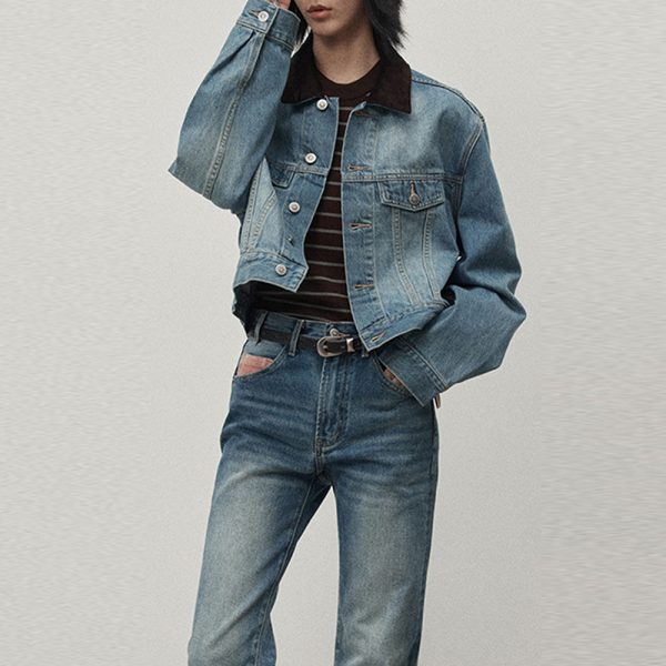 Vintage Denim Jacket Lapel Collar Spliced Single Breasted Pockets Jackets For Women