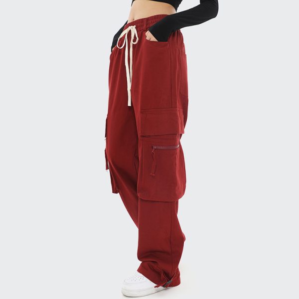 Cotton Material Solid Color High Waist Big Pocket Red Womens Cargo Pants