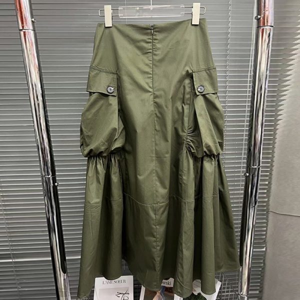 Army Green Solid Color A Line 2024 Ladies Midi Cargo Skirt With Pockets