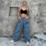 Women Jeans Vintage High Waist Loose Panel Pockets Wide Leg Denim Denim Pants